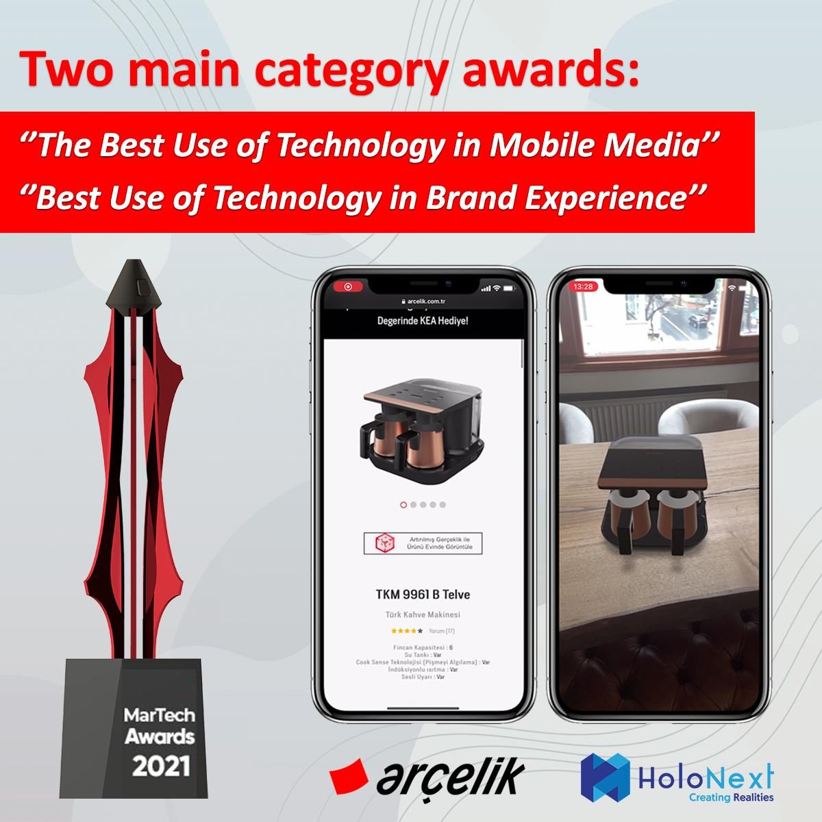 MarTech Awards 2021 ödül görseli: ödül heykelciği, Arçelik ürün sayfası ve AR görünümü olan iki telefon ekranı