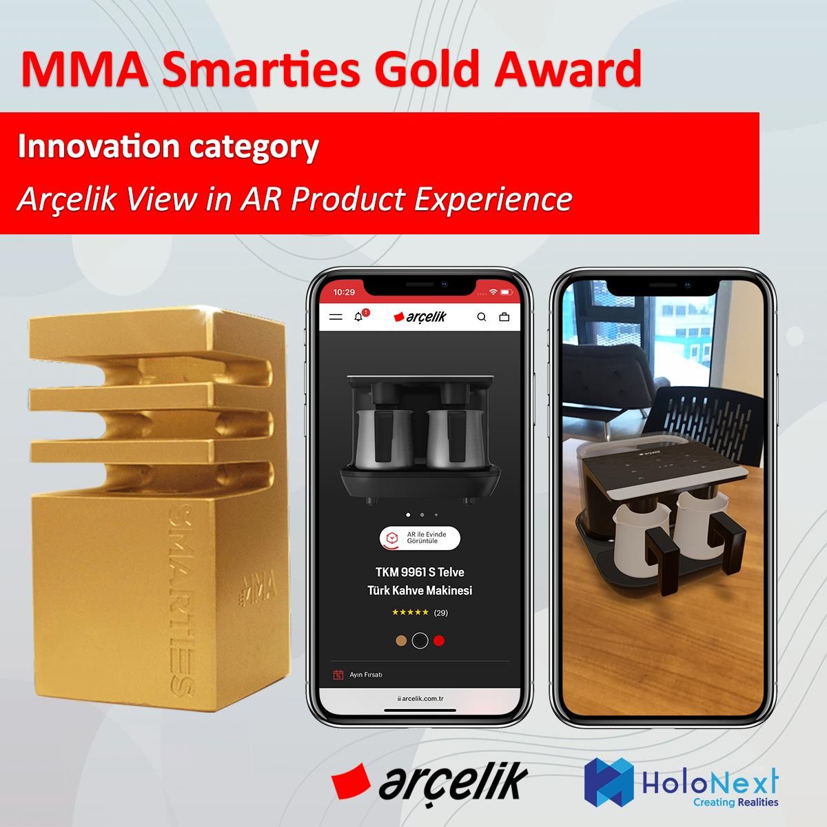 MMA Smarties Gold ödül görseli: altın ödül heykelciği, Arçelik ürün sayfası ve AR görünümü olan iki telefon ekranı